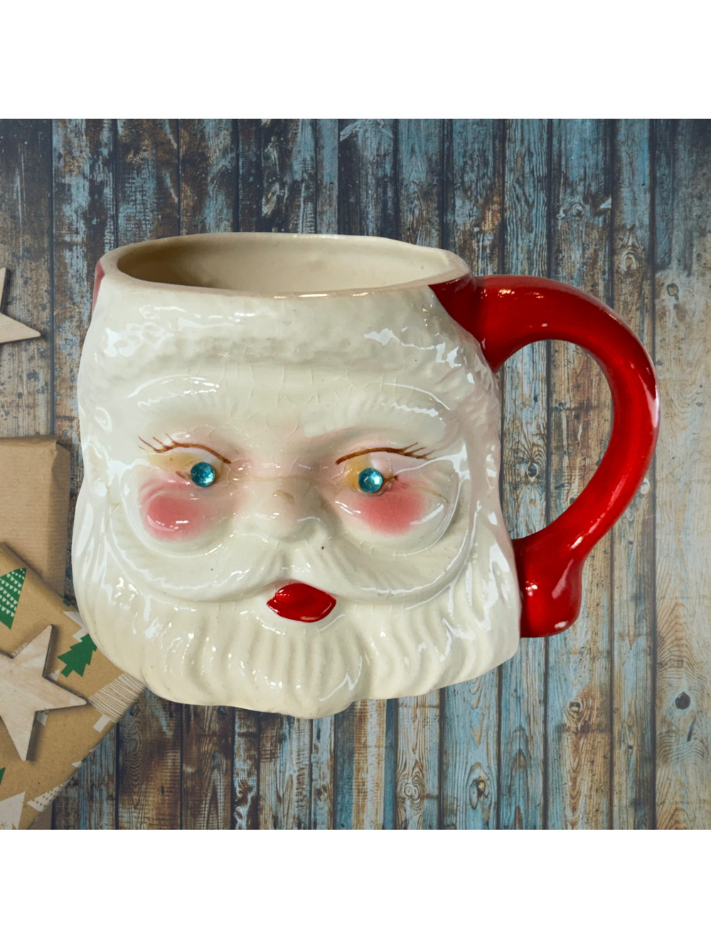Vintage Santa Mugs With TWO Blue Rhinestone Eyes Mid Century Christmas 1950s-60s